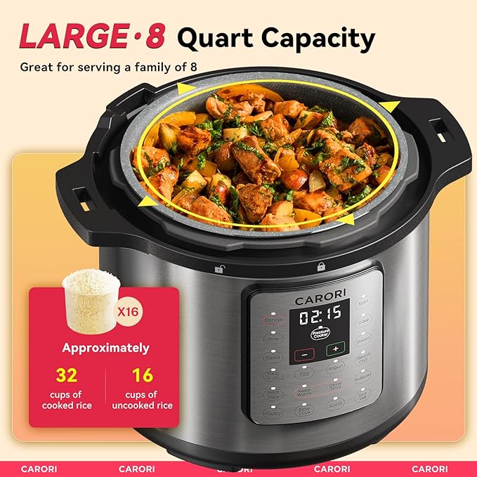 1200W 12-in-1 Electric Pressure Cooker 8Qt, Stainless Steel Pressure Cooker, Slow Cook Rice Cooker Steamer Sauté, Yogurt Maker, Warmer & Sterilizer with Recipe, Safer Venting Design, Sliver