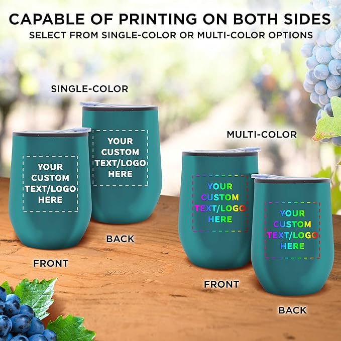 Custom Stemless Wine Tumblers 12 oz. Set of 12, Personalized Bulk Pack - Insulated, Perfect for Wine, Cocktails, Other Hot & Cold Beverages - Teal