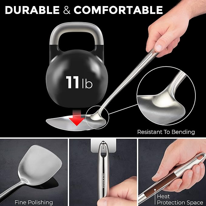 YOSUKATA Silver Round Bottom Wok Pan – 14" Woks and Stir Fry Pans + 17’’ Wok Spatula and Ladle - Set of 2 Heat-Resistant Wok Tools - Universal Wok Ladle Flat Bottom Pow Wok