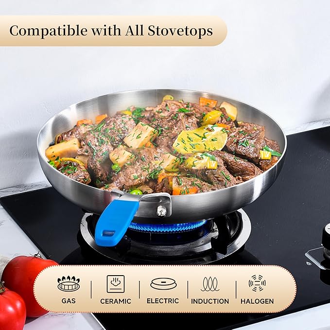 Inqibee 8.5-10-12 Inch Tri-Ply Stainless Steel Frying Pan Set with Lid,Skillets,Induction Cooking Pans,Pots and Pans Set,Dishwasher and Oven Safe,Detachable Handle.