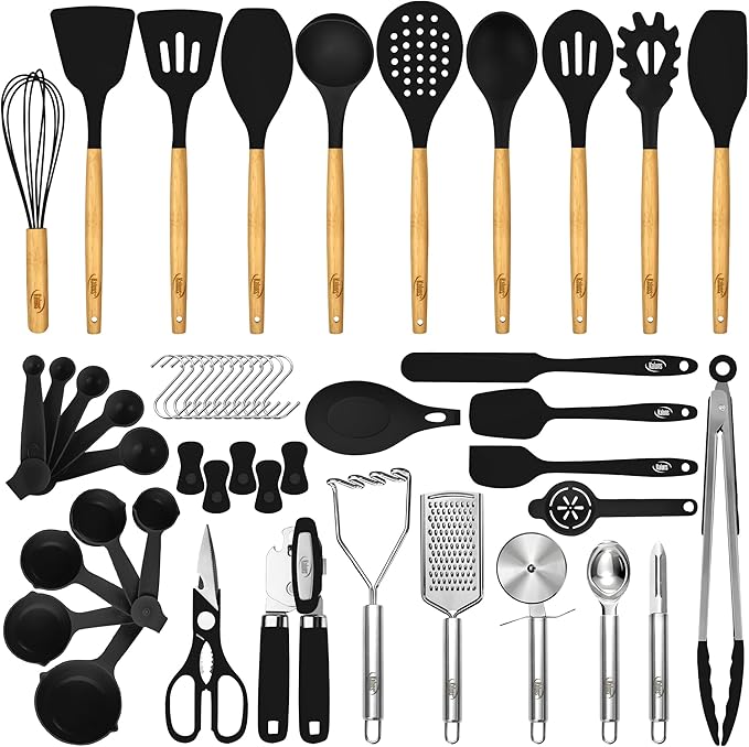 Kaluns 50 PCS Silicone Kitchen Utensils Set Complete Kitchen Set - 800°F Heat Resistant Non-Stick Premium Cooking Utensils W Wooden Handles - Can Opener, Masher, Turner, Silicone Spatula Set