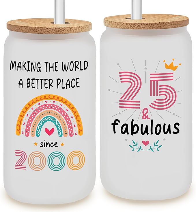Vivulla68 25th Birthday Gifts For Her Him - Gift For 25 Year Old Female - Gifts For 25 year Old Woman Man - 25th Birthday Gifts Ideas - 25th Frosted Glass With Lid And Straw