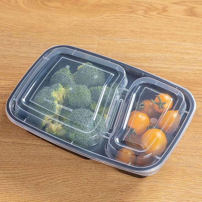 30oz Meal Prep Containers (50-Pack) - Reusable Bento Box Style, 2 Compartments for Portion Control - Leakproof, Microwave & Dishwasher Safe, Perfect for Healthy Lunches