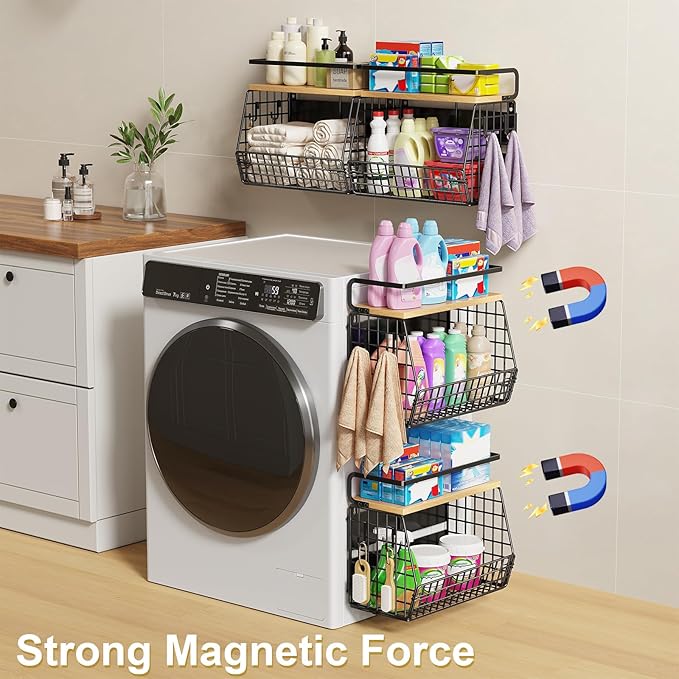 Magnetic Shelf for Fridge with Wood Lid, Fruit and Vegetable Storage Organizer, Wall Mounted Baskets with 4 Hooks, Magnetic Spice Shelves for Refrigerator, Countertop and Pantry