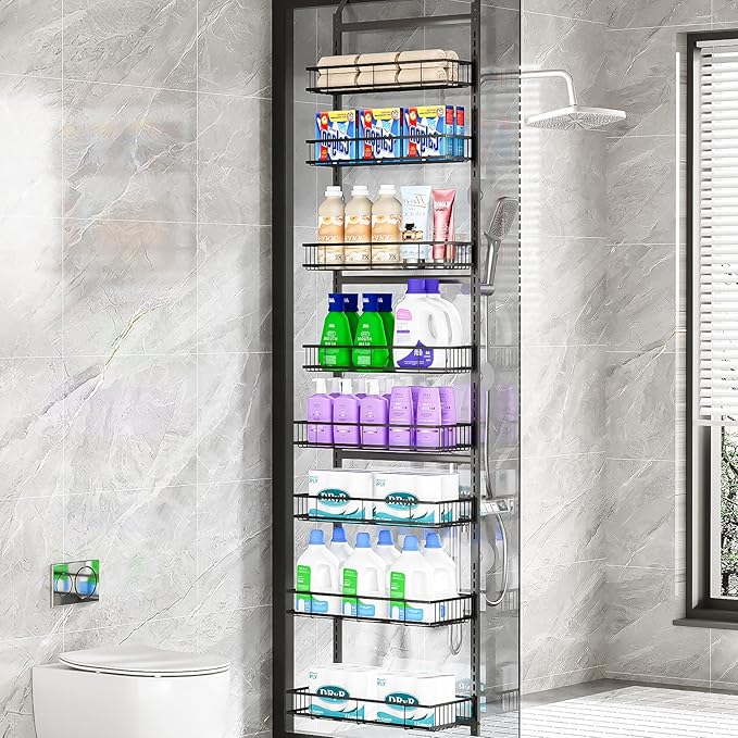 Over The Door Pantry Organizer, 8-Tier Over The Door Organizer with Adjustable Baskets, Metal Hanging Spice Rack for Pantry Organizers and Storage, Suitable for Kitchen Laundry Room & Bathroom,Black