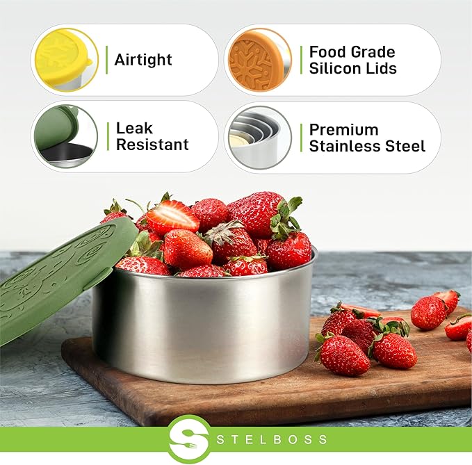 Stainless Steel Containers with Lids, Set of 5, Leakproof Stainless Steel Food Containers, Metal Food Storage Container, Stackable Toddler Snack Containers, Lunch Box Containers
