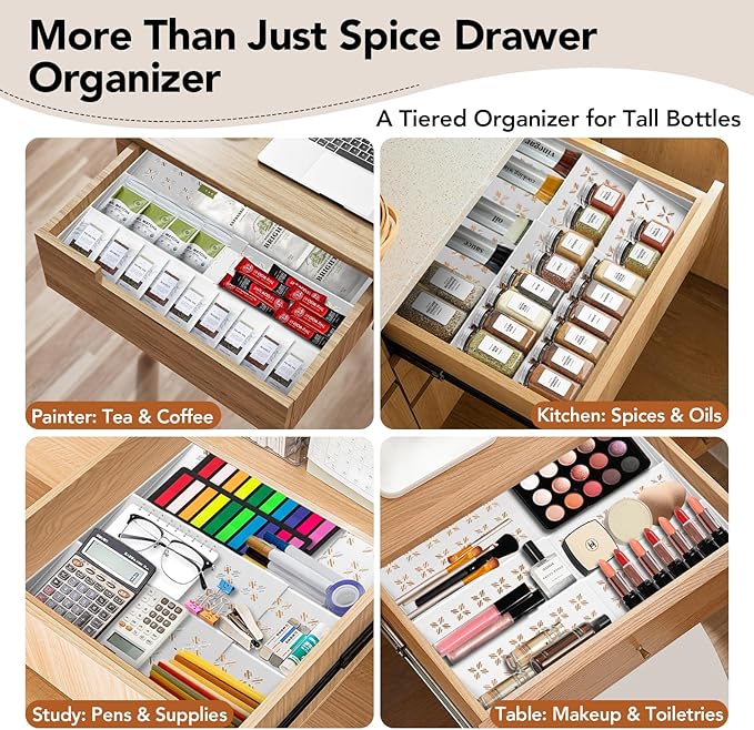 Spice Drawer Organizer 3-Tier Expandable (11"-22" Wide), Spice Rack for Cabinet with Funnel & Spice Labels, Fits Large Jars, Seasoning Storage Insert Design for Cabinet & Drawer (White)