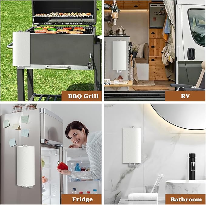 Magnetic Paper Towel Holder for Fridge - No Drill, One Hand Tear with Ratchet Mechanism, Silver, Self-Adhesive & Wall Mount for Kitchen, RV, Garage