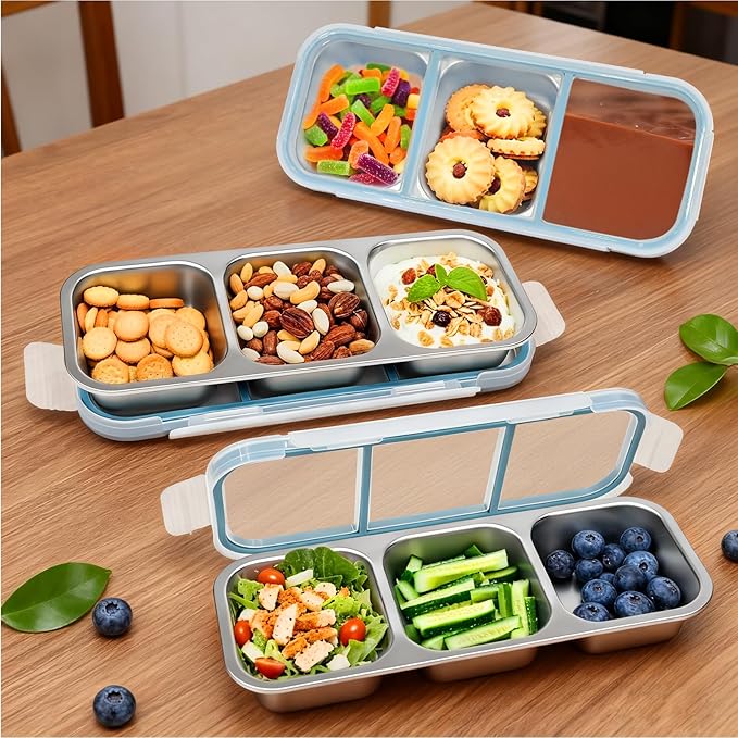 Snack Containers, 2Pack Steel Snackle Box Leakproof 3-Compartment Metal Bento Box with Airtight Lids, Reusable Food Storage Container for Lunch, Travel, Picnics, and Office