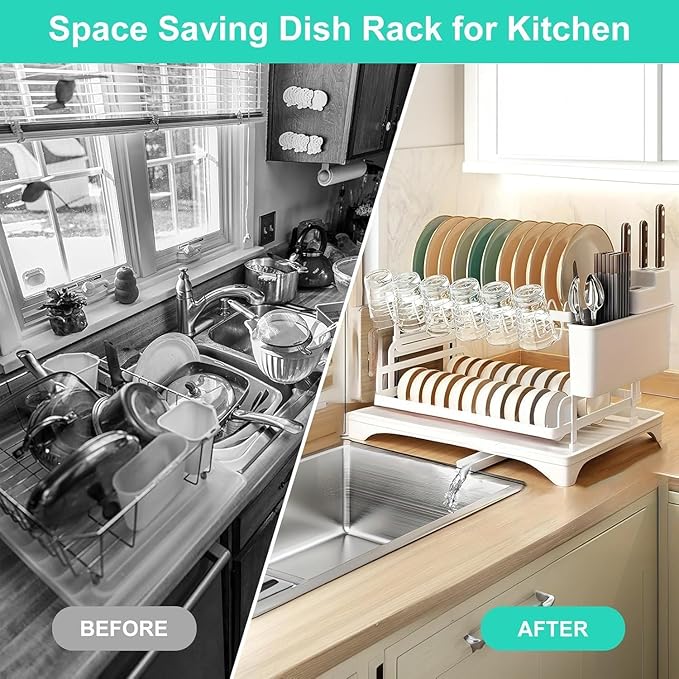 2 Tier Dish Racks for Kitchen Counter and Sink - Large Dish Drying Rack with Drainboard & Utensil Holders - Stainless Steel Dish Drainers Kitchen Organization and Storage for Space Saving (White)