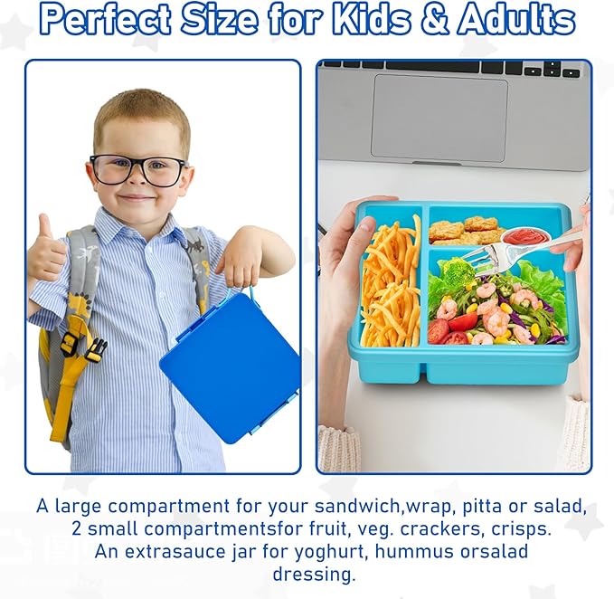 Chill Bento Lunch Box for Kids Adult with Ice Pack,Leak Proof 3 Compartments Lunch Container for Kids,Ice Pack Detachable Bento Box,BPA Free,Dishwasher & Microwave Safe-Blue