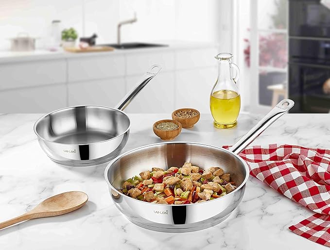 SAFLON Stainless Steel Tri-Ply Capsulated Bottom 2-Piece Fry Pan, Induction Ready, Oven and Dishwasher Safe
