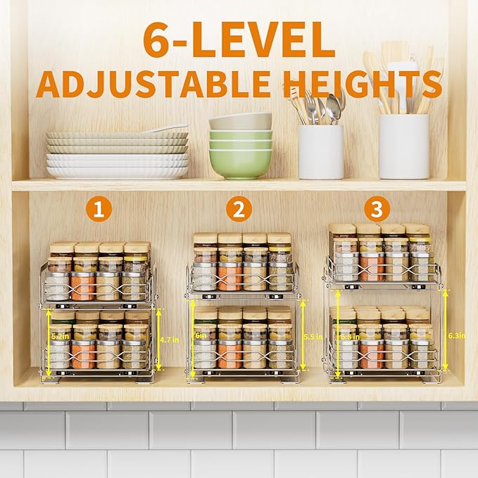 Pull Out Spice Rack Organizer for Inside Cabinet, 2 Tier Spice Rack Spice Organization for Cabinet 6 Height Adjustable, Seasoning Organizer, 9.2"W x 10.4"D x 9.8"H (Also for Cabinet with Lip)