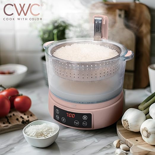 COOK WITH COLOR 3L Glass Mini Low Carb Rice Cooker – Holds 2 Cups Raw/Makes 6 Cups Cooked with Auto Lift Filter Basket, Hotpot & Steamer for Rice, Grains, Digital Panel with Keep Warm, Dusty Rose