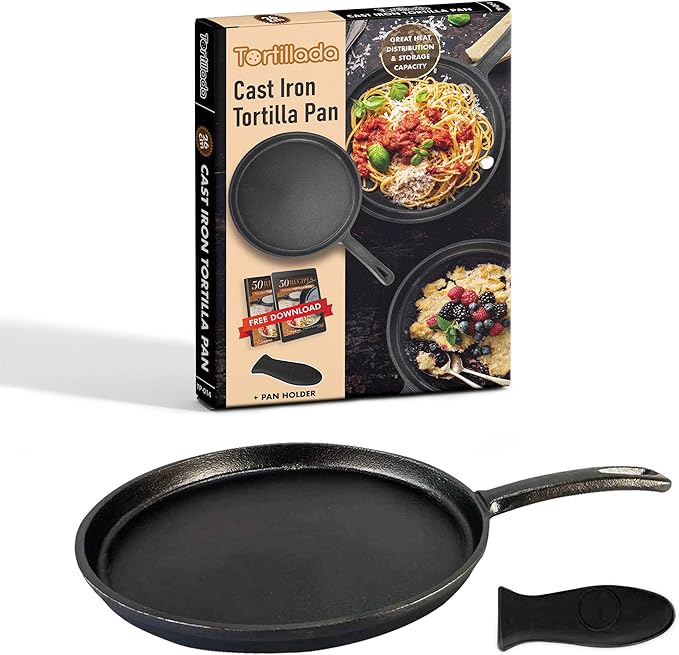 Tortillada - 26 cm pre-seasoned cast iron grill/pan + hot handle holder + E-Book recipes 50 tortilla recipes
