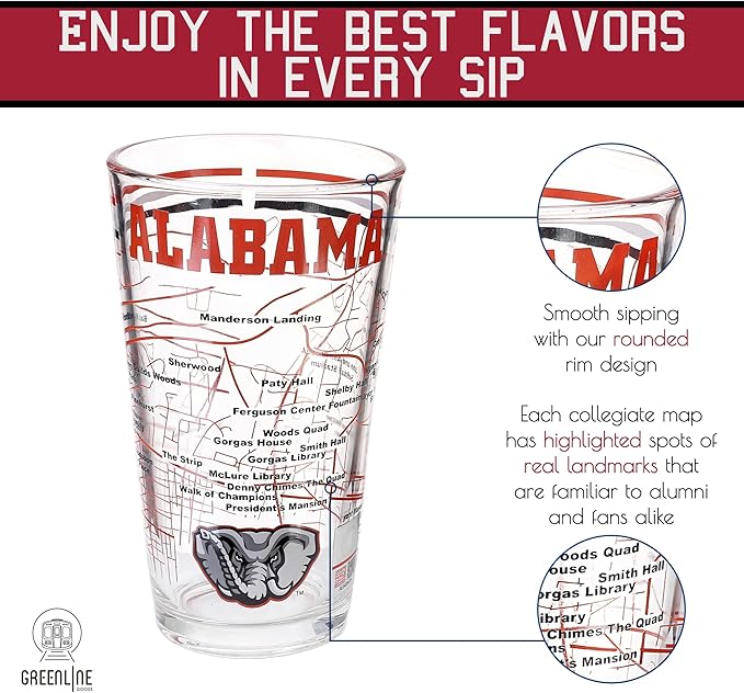 Greenline Goods – University of Alabama Crimson Tide College Pint Beer Glasses (Set of 2), 16 oz – Full-Color Logo + Campus Map