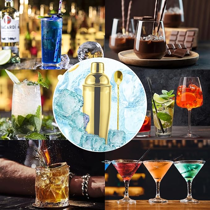 24oz Cocktail Shaker Bar Set, Martini Shaker with Built-in Strainer, Measuring Jigger, Mixing Spoon, Professional Stainless Steel Large Bartender Drink Shaker Margarita Alcohol Mixer-Gold