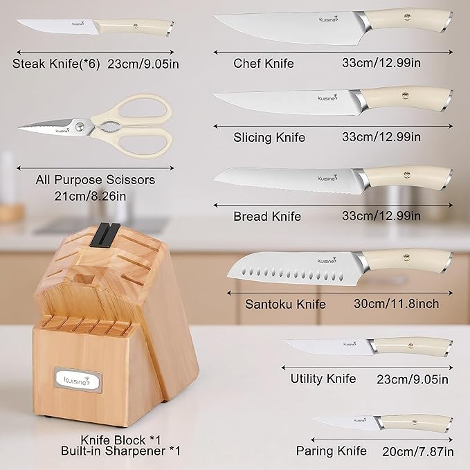 KUISINE Upgraded Knife Set High Carbon Stainless Steel Super Sharp Blade Ergonomic Rivet Handle,Knife Block Set with Built-in Sharpener(Ivory Acacia Pro,15PCS)
