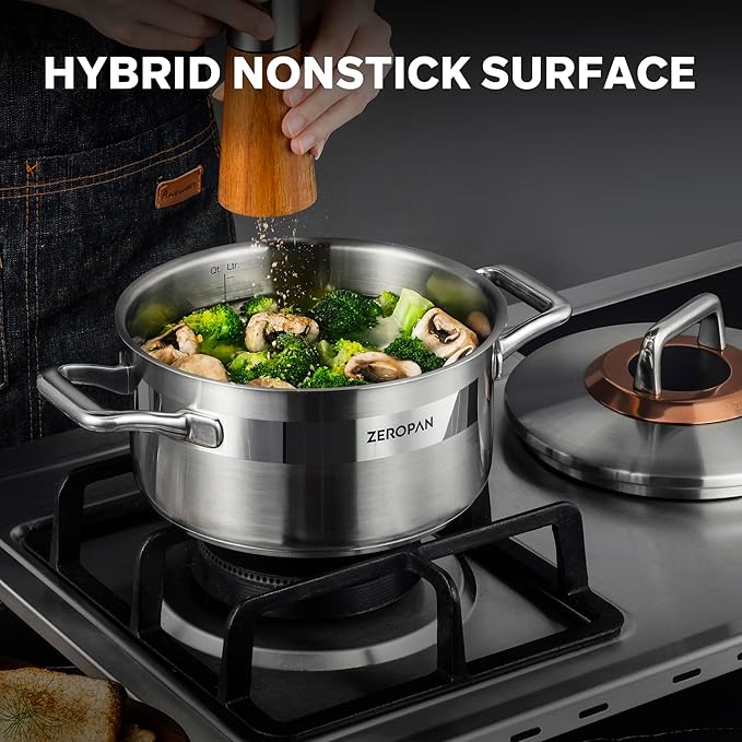Hybrid Nonstick 3-Quart Stockpot,8 Inch Stainless Steel Stockpot with Lid,Non-stick Soup Pot,PFAS PFOA PTFE Free,Dishwasher-Friendly, Oven-Safe Up to 600°F,Compatible with All Cooktops