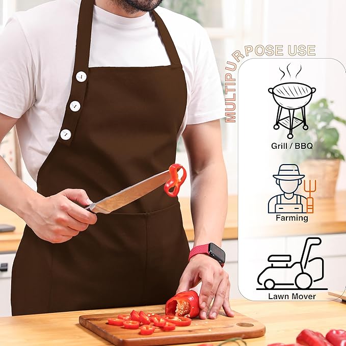TOSHE Kitchen Apron Waterdrop Resistant Cotton Apron with adjustable Aprons for Women with Pockets 12 Color option Cooking Brown Apron (Brown)