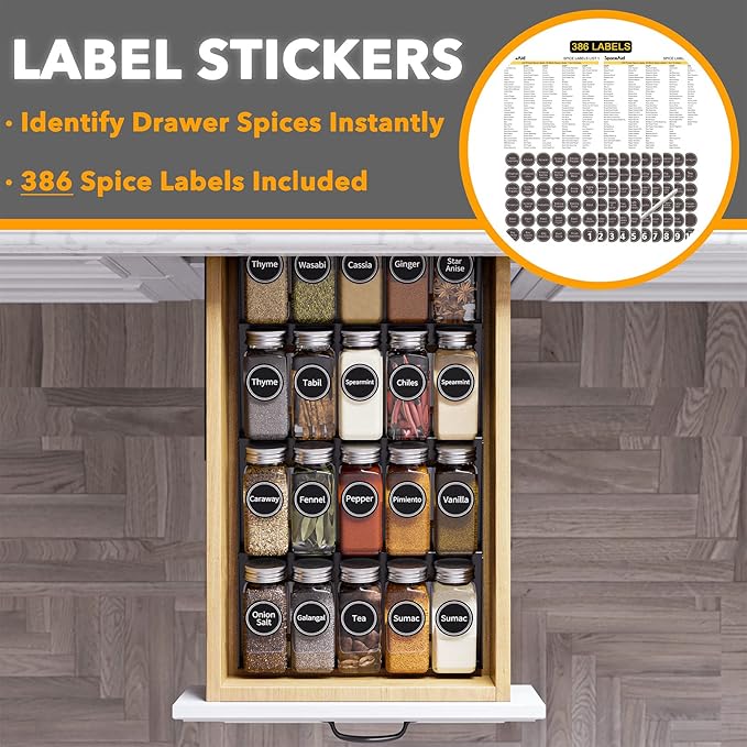 SpaceAid Spice Drawer Organizer with 20 Spice Jars, 386 Spice Labels, 4 Tier Seasoning Rack Tray Insert for Kitchen Drawers, 9-1/2" Wide x 17-1/2" Deep