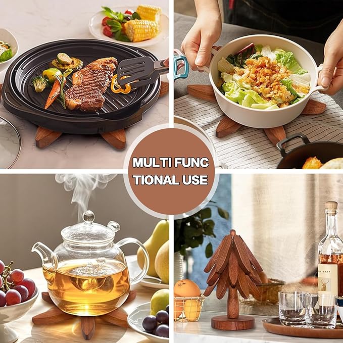 Wooden Trivets for Hot Dishes, Tree Shape Trivet Set, 4 Walnut Wood + 1 Stand stored Like a Christmas Tree,Foldable Kitchen Wooden Trivet,for Hot Dishes、Pot、Bowl、Teapot、Hot Pot Holder(Walnut Wood)