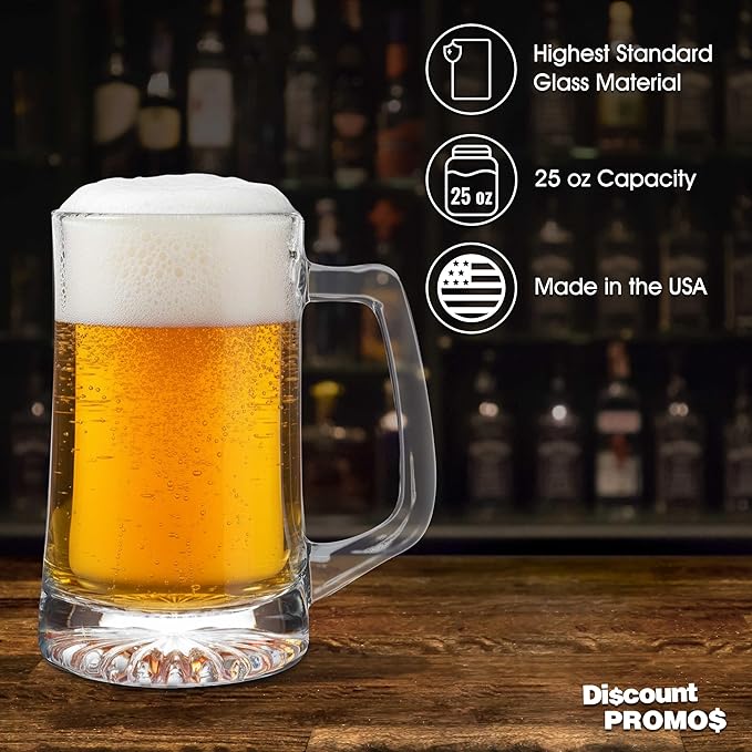 DISCOUNT PROMOS ARC Glass Beer Mugs 25 oz. Set of 6, Bulk Pack - Great for Octoberfest, Pub, Restaurant - Clear
