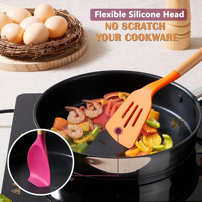 E-far Colorful Silicone Kitchen Utensils Set with Holder, 25-Piece Cooking Utensil Set with Wooden Handle for Nonstick Cookware, 446°F Heat Resistant Kitchen Tool Spatulas, Non-toxic & Healthy