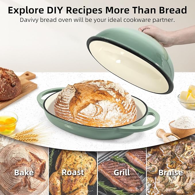 Davivy 6QT Oval Sourdough Dutch Oven with Silicone Baking Mat, Cast Iron Bread Oven for Sourdough 6QT,Bread Cloche Dutch Oven Baking Pan with Domed Lid - Sea Salt Green