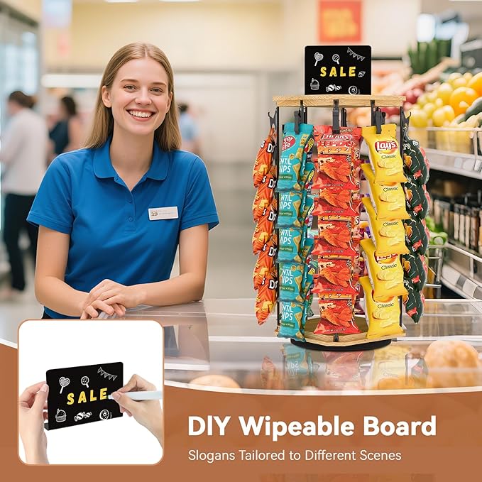 Chip Rack Display Stand, 5 Tiers 40 Clips Snack Organizer, 360°Rotating Wooden Base Chip Display Rack for Concession Stand, Countertop, Snack Stand, Party, With Message Board