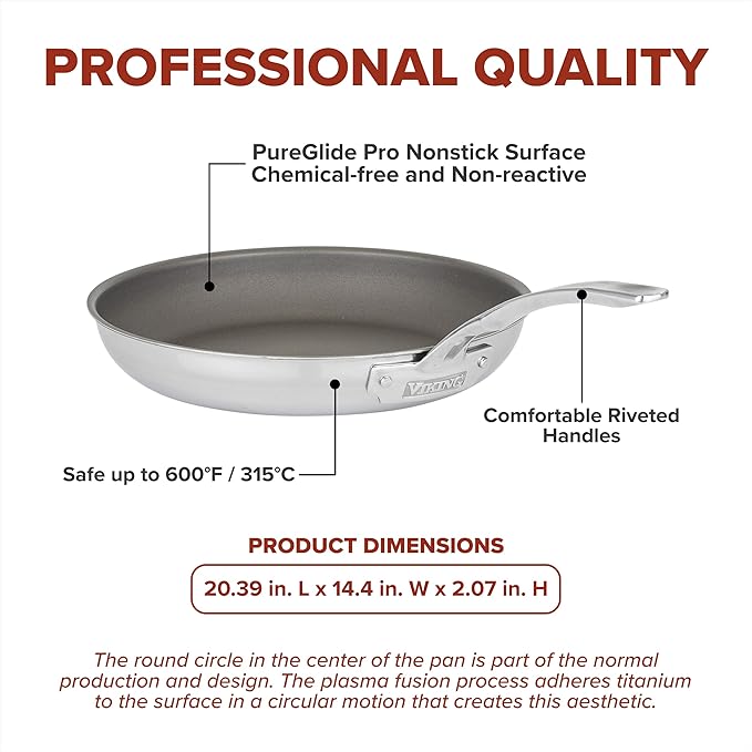Viking PureGlide Pro 3-Ply Nonstick Frying Pan, Made without PFAS, 12-Inch Induction Cookware, Metal Utensil Safe Titanium Nonstick Surface, Oven Safe to 600F