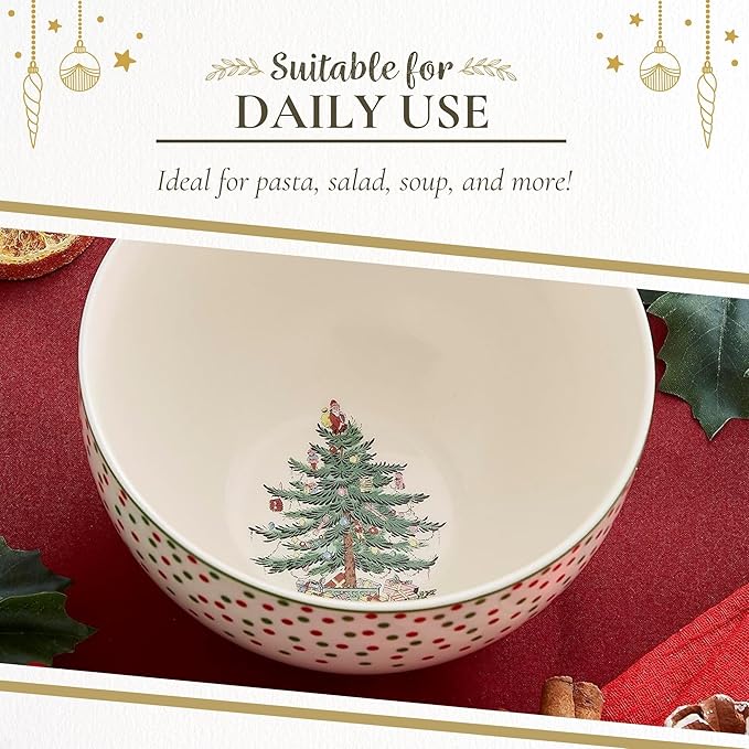 Spode Christmas Tree Polka Dot Rice Bowl - 6-Inch Porcelain Soup Bowls for the Holidays, Christmas Kitchen Bowls for Rice, Dessert, Cereal, Noodles, and Pasta, Dishwasher and Microwave Safe