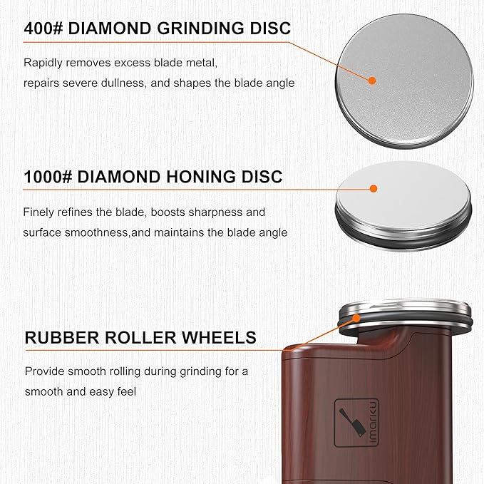 imarku Rolling Knife Sharpener Kit, Kitchen Knife Sharpener, 2 Diamond Discs for Sharpening and Honing, Magnetic Knife Sharpening Kit for Razor Sharp Kitchen Knives, 12°, 13°, 15°, 20° Angle Guides