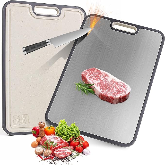 Titanium Cutting Board, 15.2” Double-Sided Chopping Board, Non-Toxic Safe Metal Cutting Board, Titanium/Wheat Straw Surface, Non-Slip Design for Safe & Efficient Cooking, Perfect for Meat, Vegetables