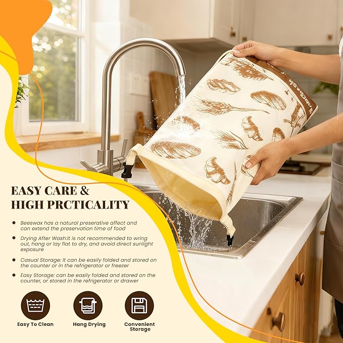 Reusable Beeswax Bread Bags - 2 Pack Airtight Food Storage for Homemade Sourdough & Bakery Bread Organic Cotton, Natural Beeswax Lined.