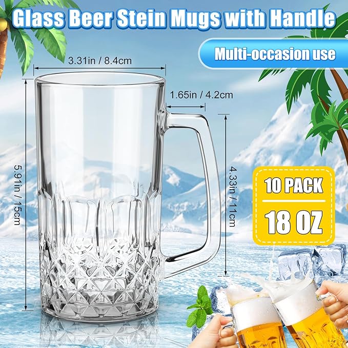 10 Pcs Beer Mugs with Handles 18 Ounce Clear Glass Beer Mugs Steins German Large Heavy Cups for Tea, Coffee, Root Floats, Dishwasher and Refrigerator Safe, Durable