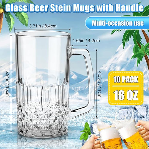 10 Pcs Beer Mugs with Handles 18 Ounce Clear Glass Beer Mugs Steins German Large Heavy Cups for Tea, Coffee, Root Floats, Dishwasher and Refrigerator Safe, Durable