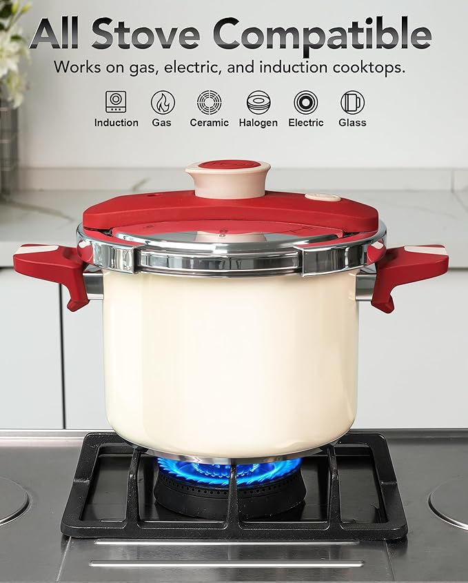 MICHELANGELO Pressure Cooker Stainless Steel 6.3 Quart, 3-in-1 Pressure Pot, One-Hand Locking System, Olla de Presion Colorful Design, Induction Compatible, with Glass Lid & Steamer