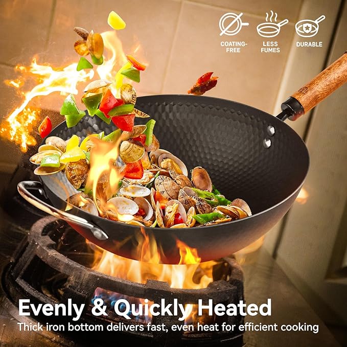 WANGYUANJI 12.6" Wok with Lid, Flat Bottom Nonstick Iron Wok Pan for Induction, Gas and Electric Stoves, Deep Stir-Fry Pan for Everyday Cooking