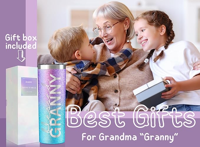 Onebttl Christian Grandma Gifts for Mother's Day, 20oz Purple & Blue Glitter Skinny Tumbler, Straw & Lid Included, Granny Gifts - Blessed Granny