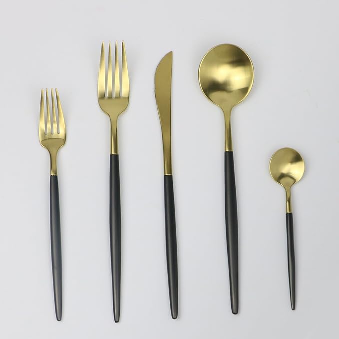 Customized 20-Piece 18/10 Stainless Steel Flatware Set, Serive for 4, With Fork Spoons Knife Teaspoon Dessert Fork for Home Kitchen Restaurant Hotel (Black + Gold)