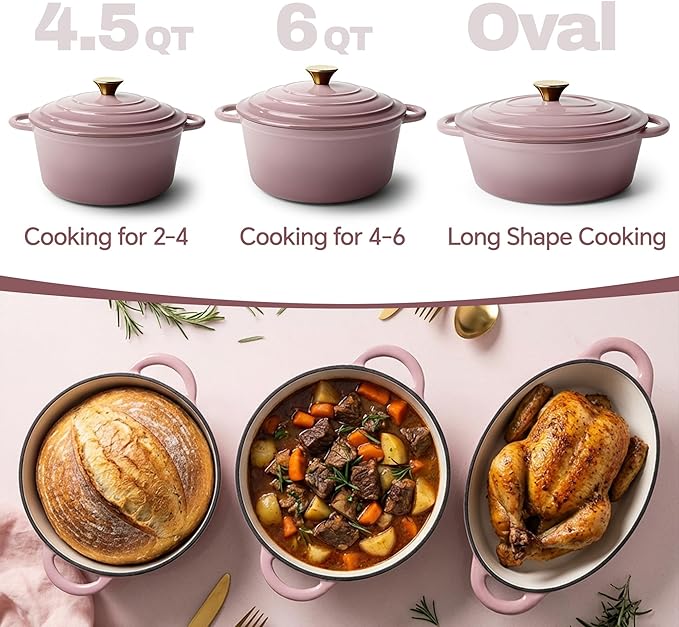 4.5 Quart Dutch Oven Pot with Lid, Non Stick Enameled Cast Iron Dutch Oven for Bread Baking, Heavy-Duty, Oven Safe Ceramic Cookware Up to 500°F for Baking, Braising, Stews, Roasting, Pink