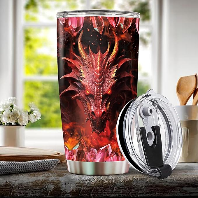 Red Dragon Tumbler Gifts for Men Women Coffee Cup 20oz Stainless Steel Insulated with Lid Water Bottle Travel Mug Gift Dragons Lover Husband Dad Son Christmas Birthday Fathers Day Valentines
