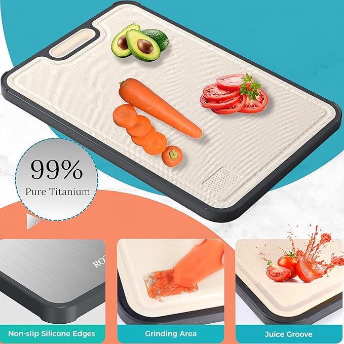 Titanium Cutting Board for Kitchen,Food Cutting Board,Double Sided,One Side Pure Titanium And Other Side Wheat Straw,Standard Size