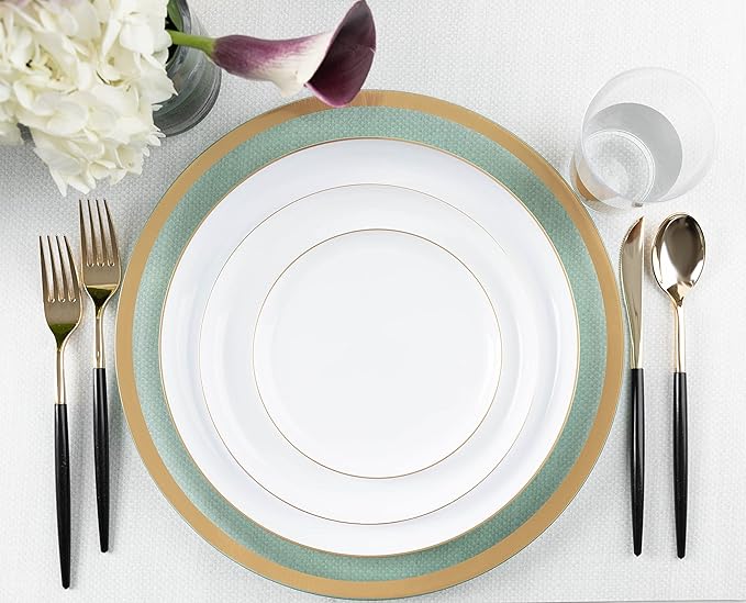 [30 Pack 10.7''] White Plastic Party Plates With Gold Rim Edge Collection Premium heavyweight Elegant Disposable Tableware Dishes