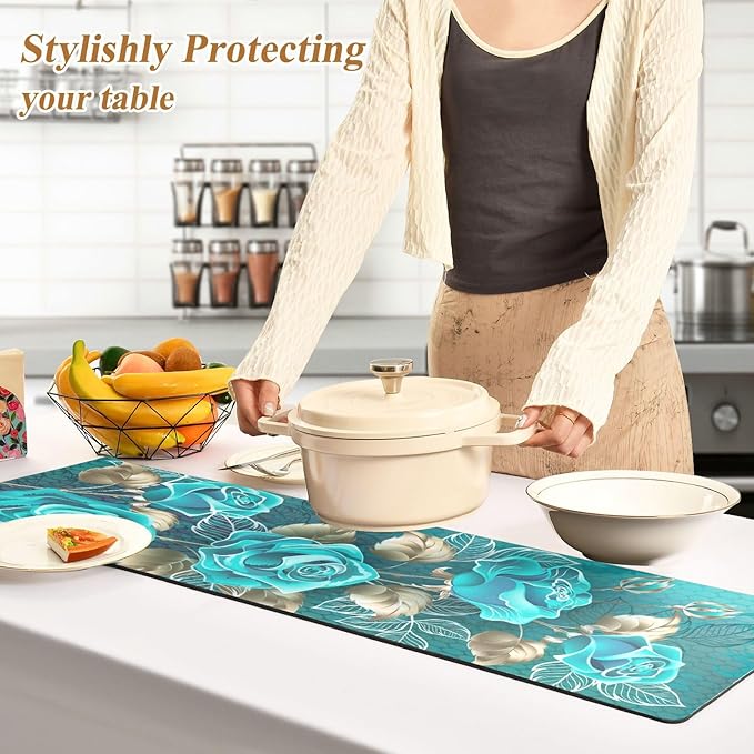 Valentine's Day Trivet Table Runner 40 Inches Long Turquoise Roses Leaves White Gold Contour Heat Resistant Hot Pad Multi Purpose Mat for for Hot Pots Pans Kitchen Countertops