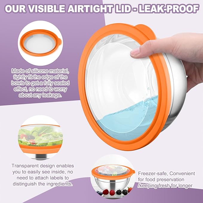 TeamFar Mixing Bowl Set, 4.5/3/1.5/1/0.7 QT Stainless Steel Nesting Salad Bowls with Visible Lids, For Serving/Mixing/Storing, Non-Toxic & Heavy Duty, Airtight & Easy Clean, Multi-Color, Set of 5