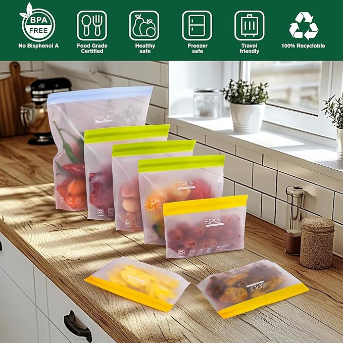 SPLF 6 Pack Stand-Up Reusable 2 Gallon Freezer Bags Dishwasher Safe, Reusable Freezer Bags 2 Gallon, Leakproof BPA Free Food Storage Bags for Marinate Meat, Veggies, Homemade Bread, Snack, Travel Item