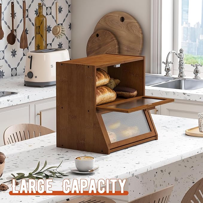 GHWIE Double Layer Bamboo Bread Box for Kitchen Counter,Large Capacity Bread Storage Bin,Bread Container with Acrylic Wavy Door Panel (Brown, Extra Large)