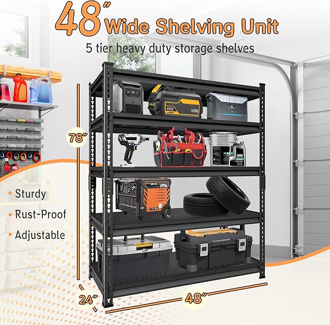 48''W Utility Garage Shelves: 2,800Lbs Heavy Duty Steel Metal Adjustable Shelving Storage Industrial Rack Units 5 Tier Black 48" W x 24" D x 78" H